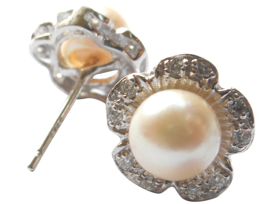 Akoya Pearl Stud Earrings Floral Style On Sterling Silver