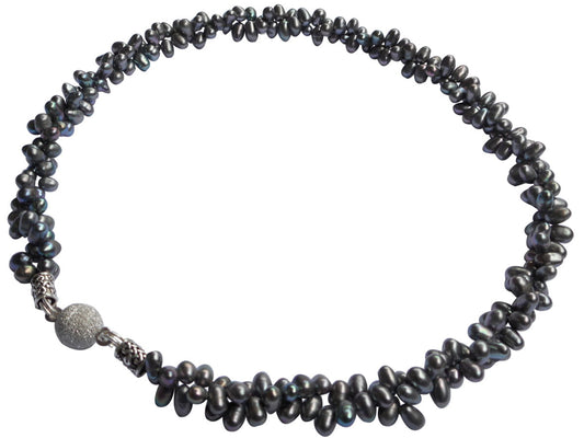 Black Torsade Freshwater Pearl Necklace On Sterling Silver Magnetic Clasp