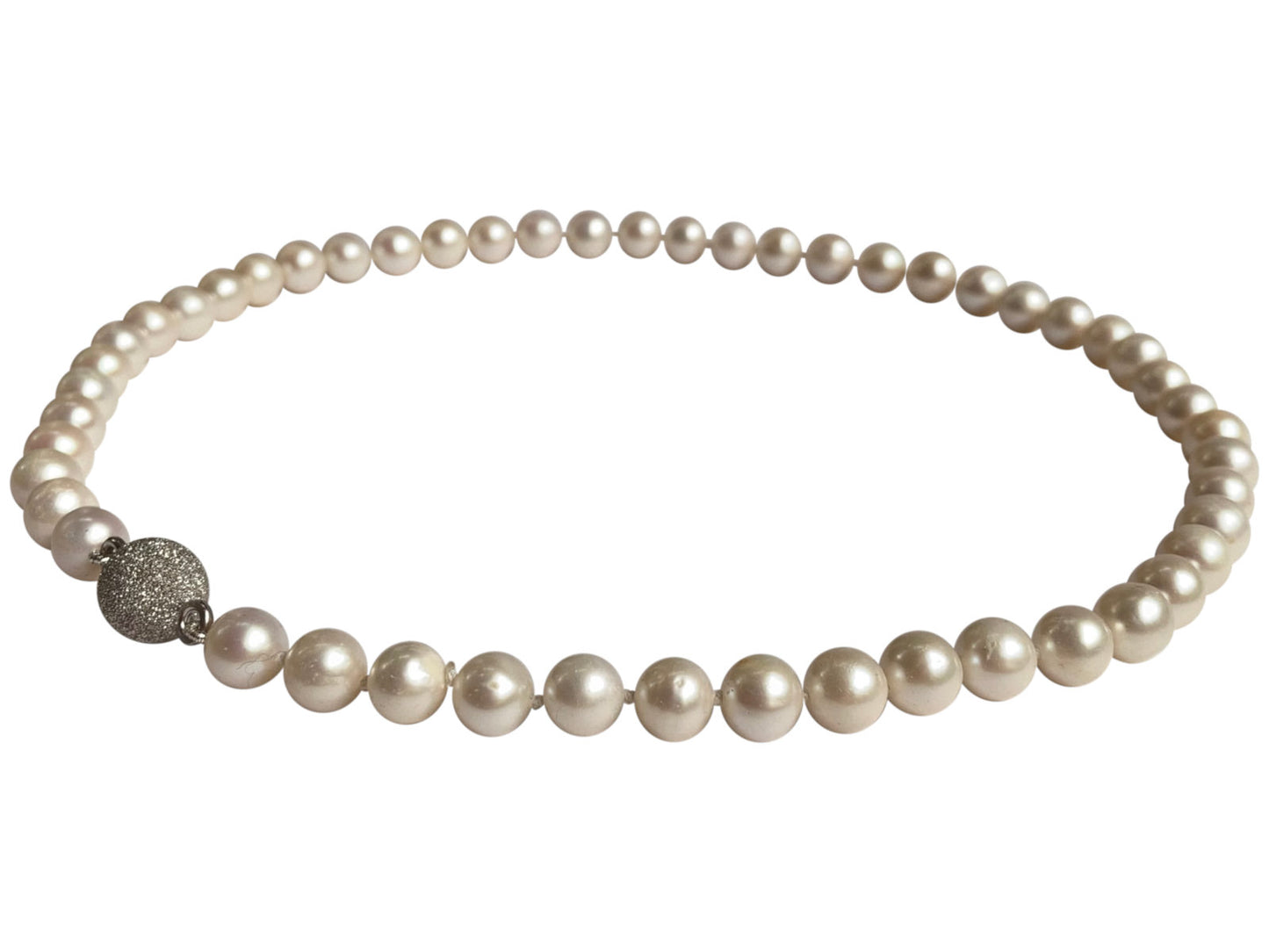 Freshwater Pearl Necklace 8-9mm On Sterling Silver Magnetic Clasp Angled View With Clasp on Side