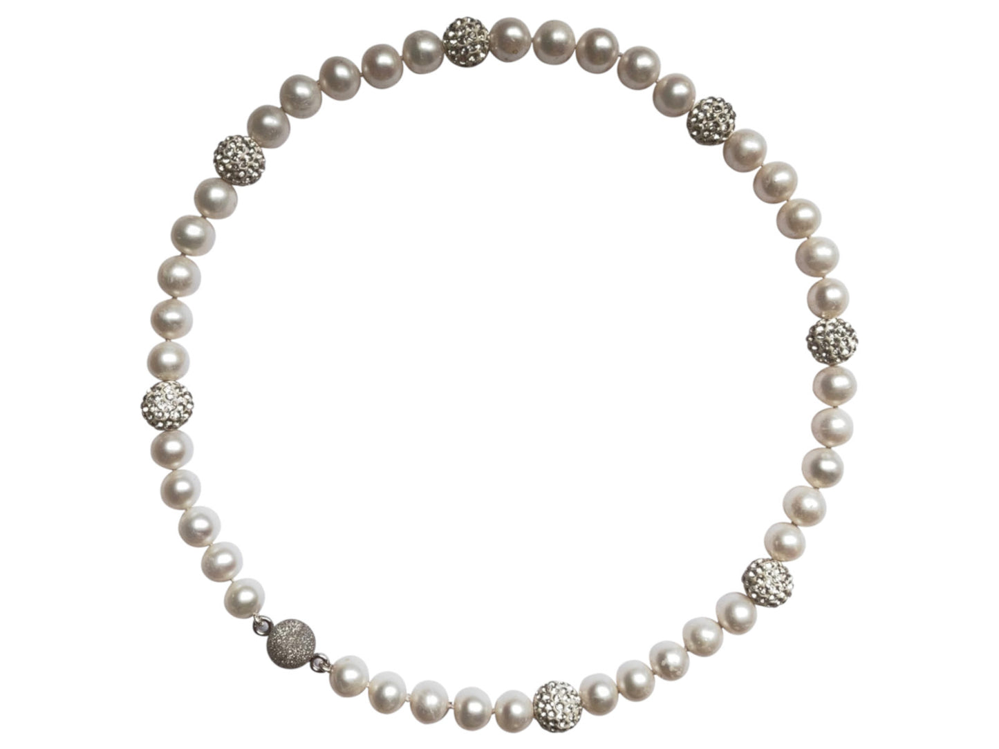 Freshwater Pearl Necklace 8-9mm On Sterling Silver Magnetic Clasp Plus Seven Shamballa Balls  Side View
