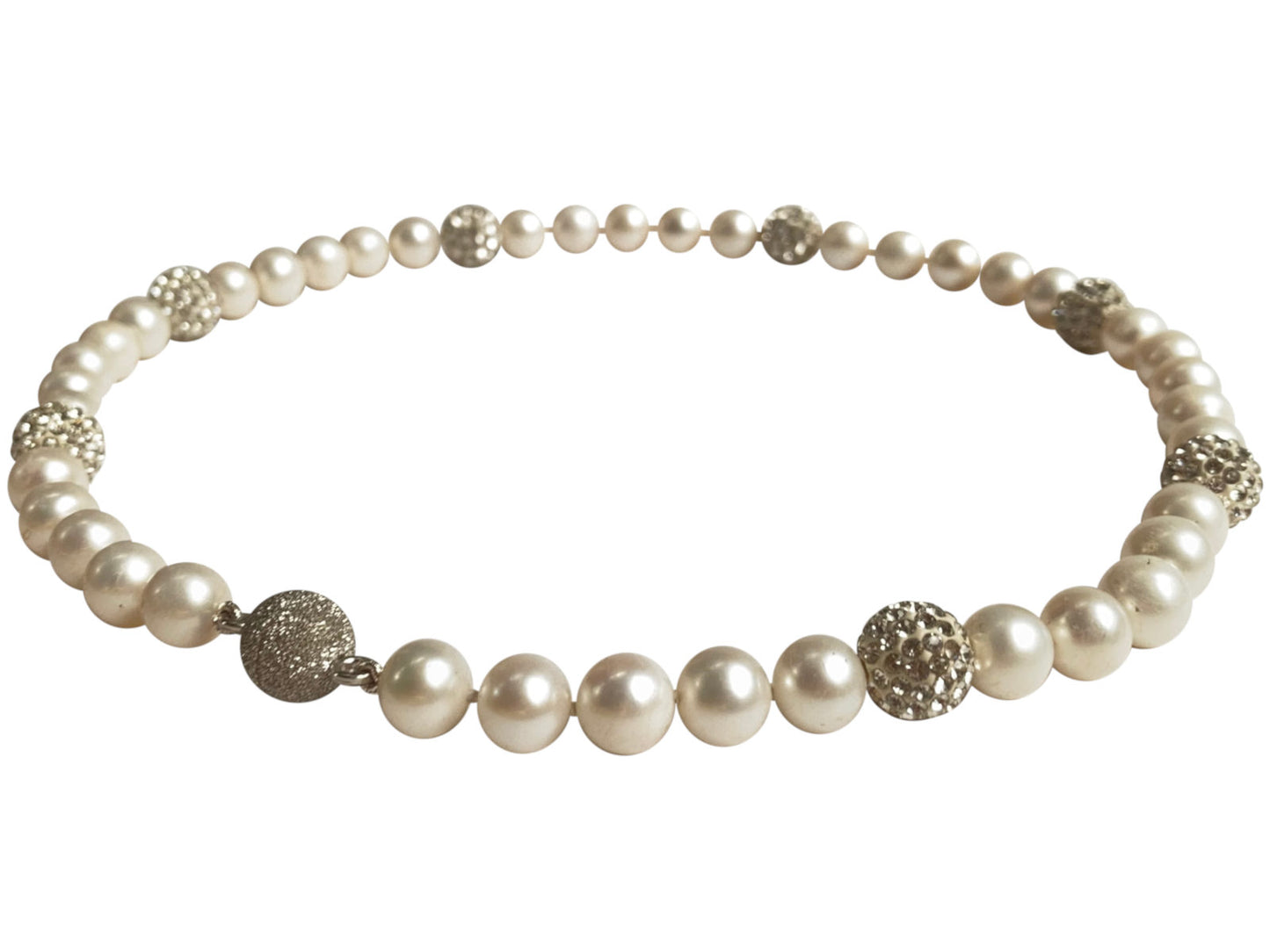 Freshwater Pearl Necklace 8-9mm On Sterling Silver Magnetic Clasp Plus Seven Shamballa Balls Angle View