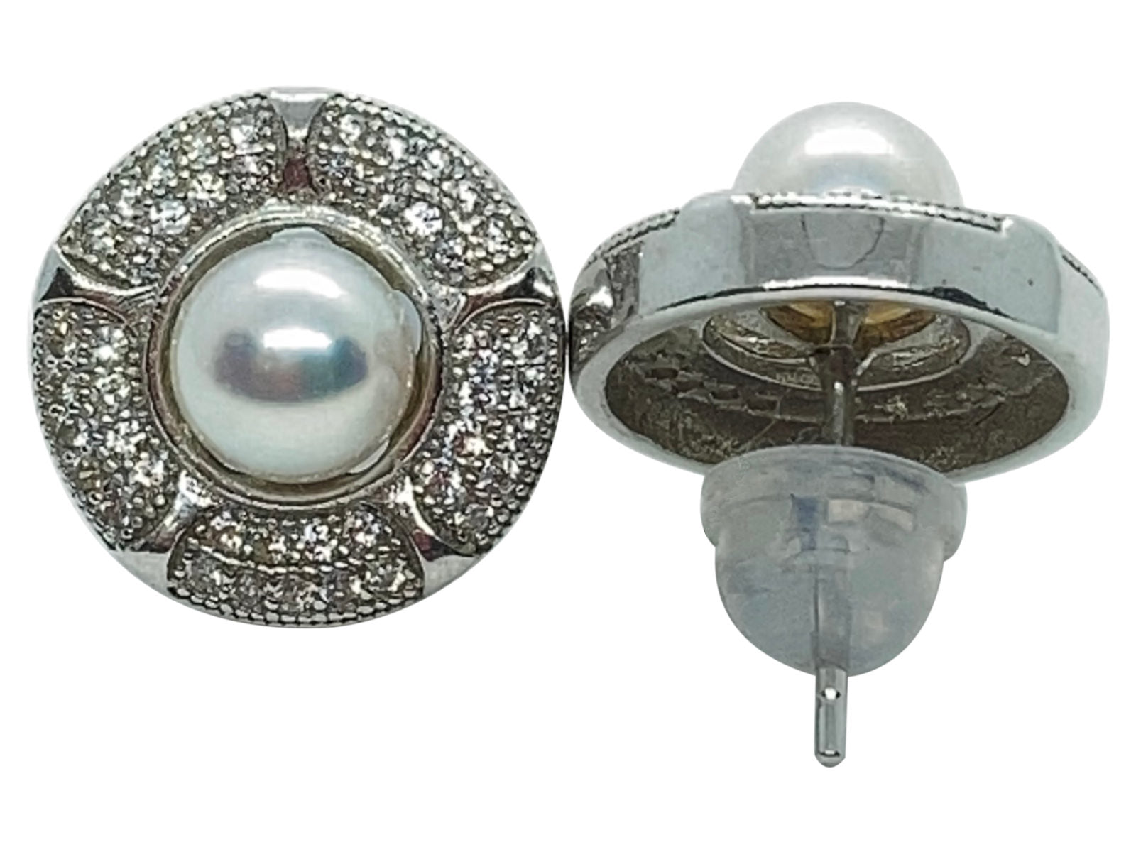 Japanese Akoya Pearl Stud Earrings Ornate Style Base On Sterling Silver With Cubic Zirconia Front And Back View