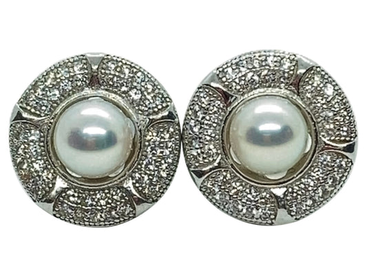 Japanese Akoya Pearl Stud Earrings Ornate Style Base On Sterling Silver With Cubic Zirconia Main View
