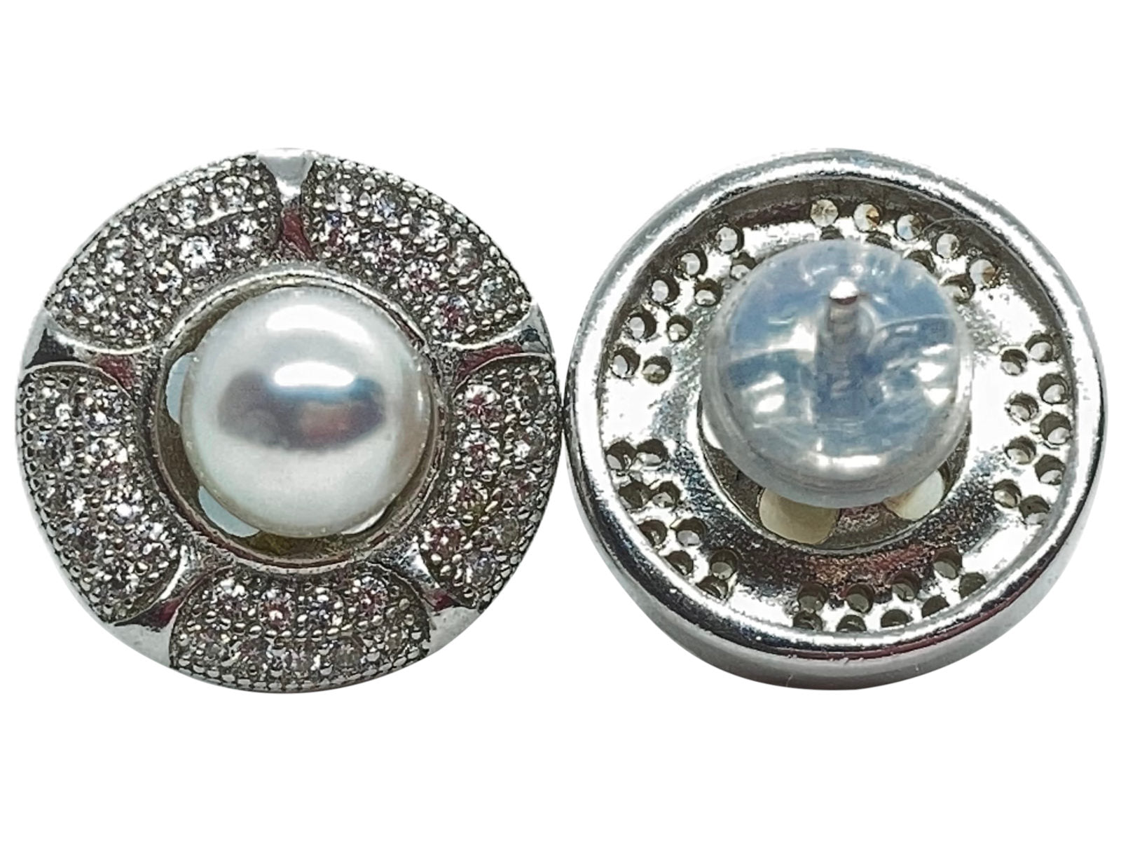 Japanese Akoya Pearl Stud Earrings Ornate Style Base On Sterling Silver With Cubic Zirconia Front And Back View Alternative