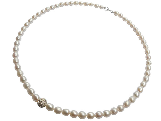 Single Shamballa Freshwater Pearl Necklace Rice Version Set On Sterling Silver Clasp