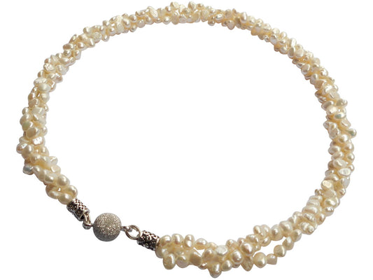 White Torsade Freshwater Pearl Necklace With Sterling Silver Magnetic Clasp