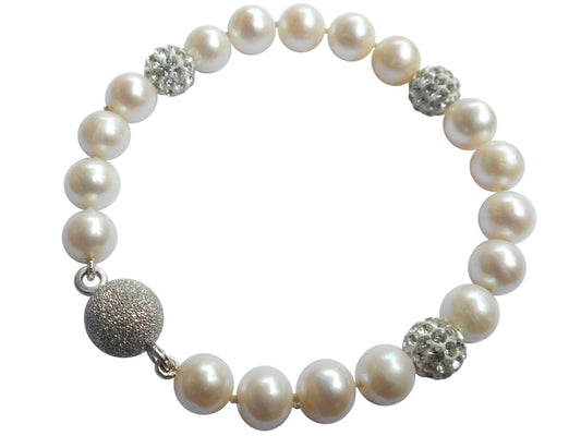 White Triple Shamballa Freshwater Pearl Bracelet On Sterling Silver Magnetic Clasp
