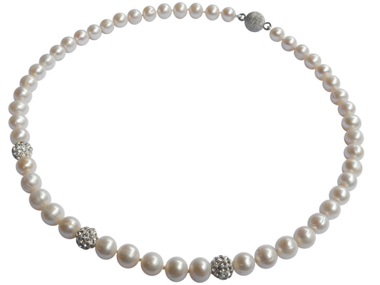 Triple Shamballa Freshwater Pearl Necklace On Sterling Silver Magnetic Clasp